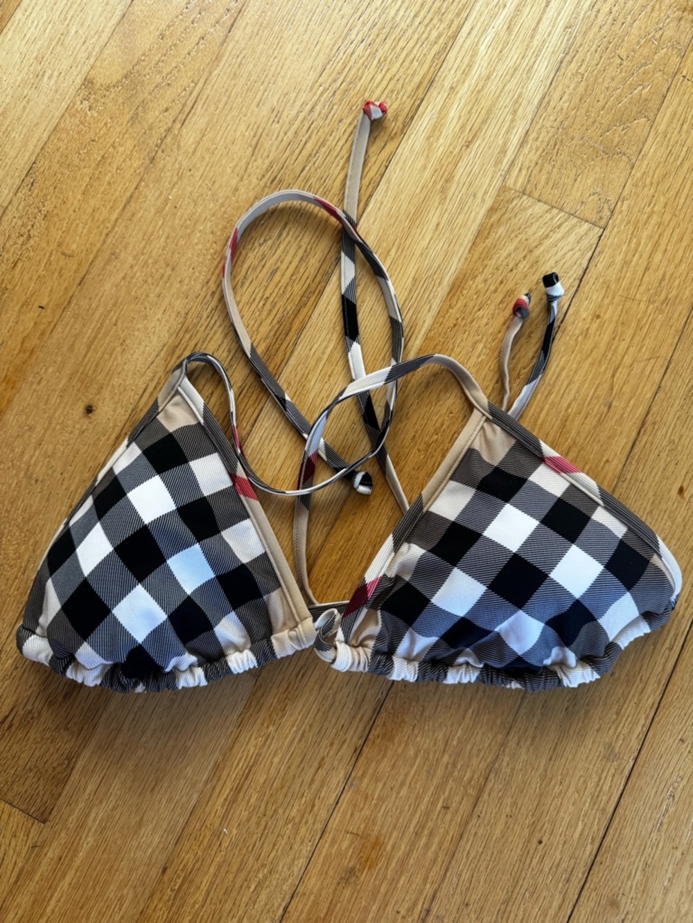 Burberry Black White Check Triangle Bikini Top with Beige Trim